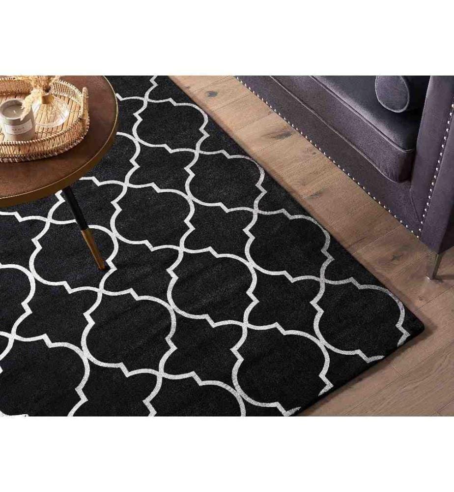 Tapis Rectangulaire en Viscose Effet Soie Noir 140 x 200 cm avec Motif Marocain Treillis Dorés Idéal pour Salon Glamour et Vintage