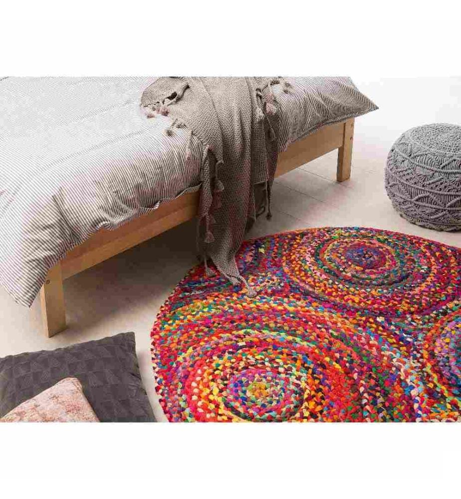 Tapis Rond Multicolore en Coton Motif Ciculaire pour Chambre ou Salon Boho 140 cm