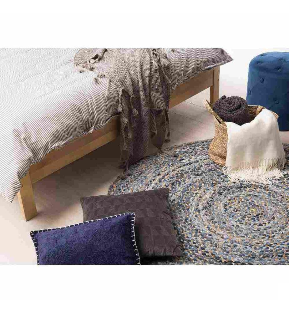 Tapis Rond Bleu et Beige en Coton et Jute Motif Ciculaire pour Salon ou Chambre au Style Bohème 140 cm