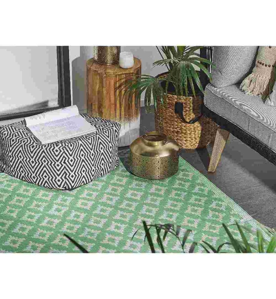 Tapis d'Extérieur et Intérieur au Motif Géométrique Vert Polyvalent 120 x 180 cm Idéal pour Terrasse ou Jardin Scandinave et Boho