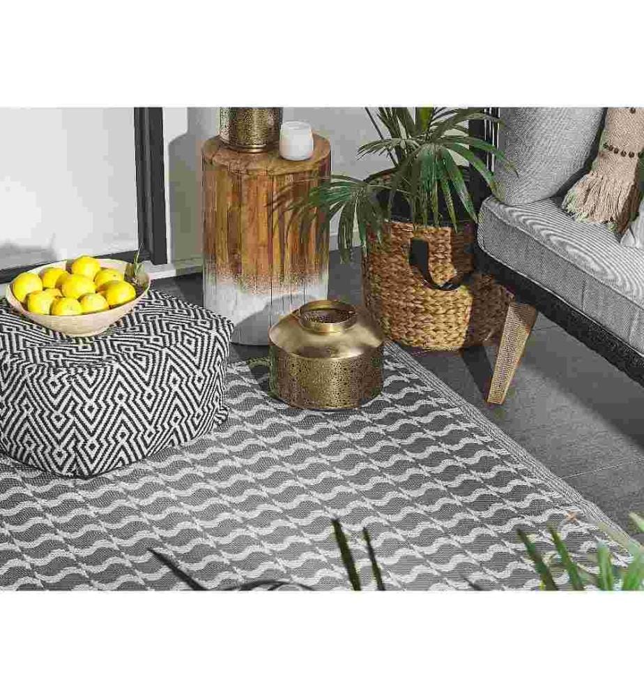 Tapis Extérieur et Intérieur Polyvalent Gris et Blanc en Polypropylène Motif Géométrique pour Salon ou Terrasse Moderne et Boho 120 x 180 cm