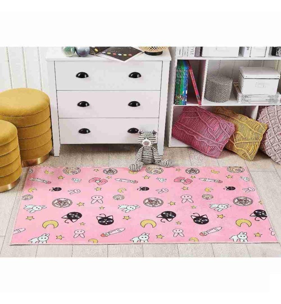Tapis Rectangulaire Rose à Motifs Divers en Polyester pour Chambre d'Enfant ou Salle de Jeu Fille Moderne 80 x 150 cm