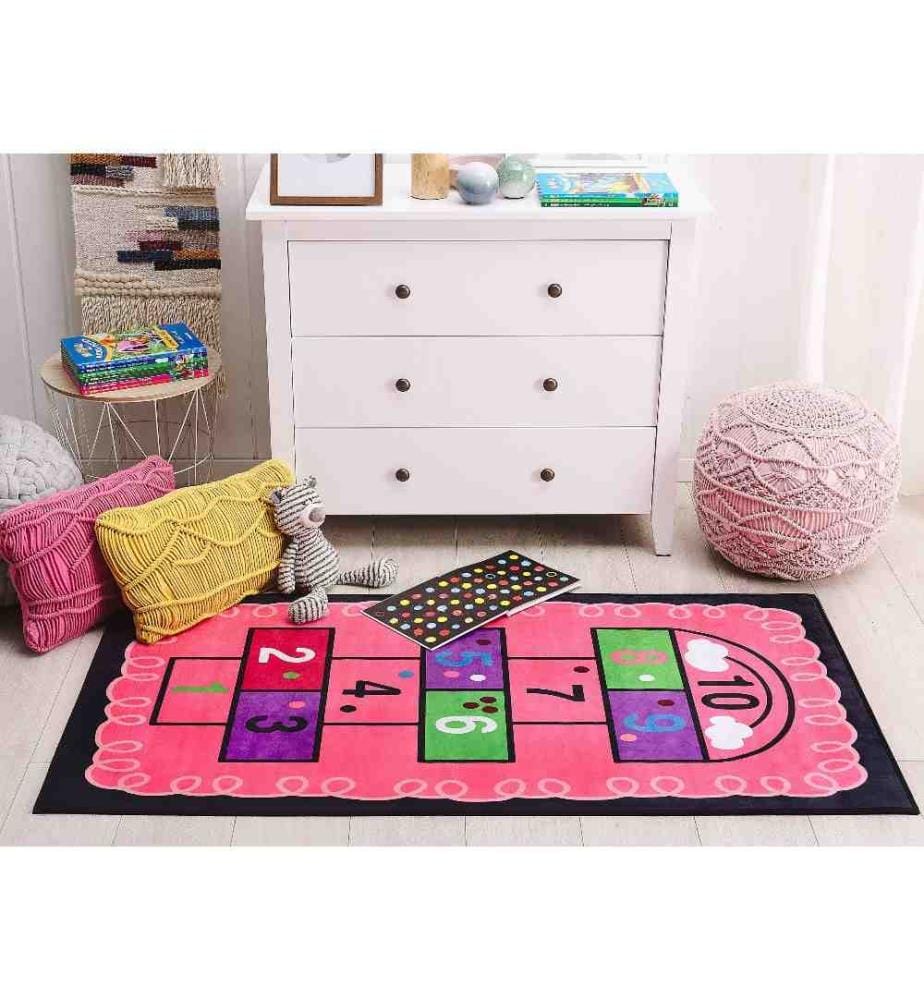 Tapis Enfant avec Marelle Rose 80 x 150 cm Doux au Toucher Anti-glissement Parfait Comme Accessoire de Jeu et de Décoration