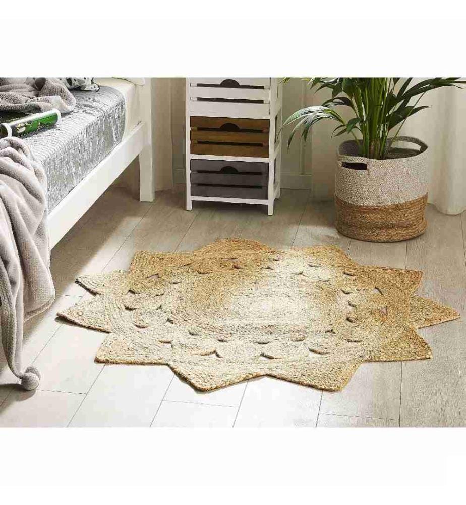 Tapis Rond Beige en Jute en Forme d'Etoile pour Chambre et Salon au Style Boho et Campagne 120 cm