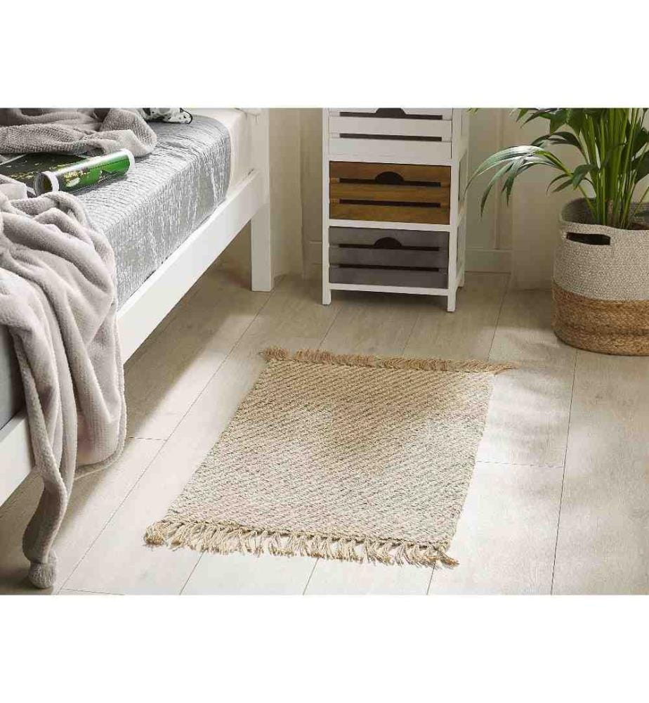 Tapis Rectangulaire en Jute et Coton A Rayures Beiges et Blanches et Franges pour Chambre et Salon au Style Boho et Campagne cm