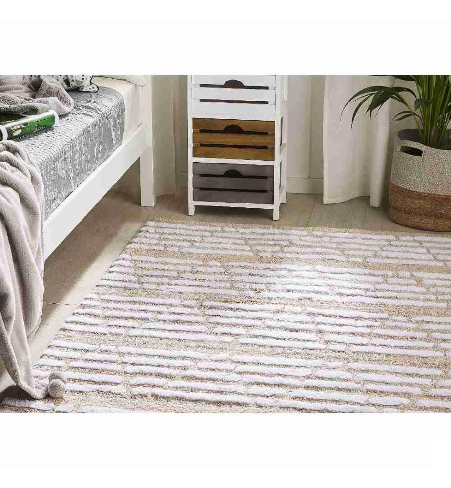 Tapis Epais Beige avec Motifs Blancs et Rayures en Coton Très Douyx pour Chambre et Salon au Style Boho Rustique 120 cm