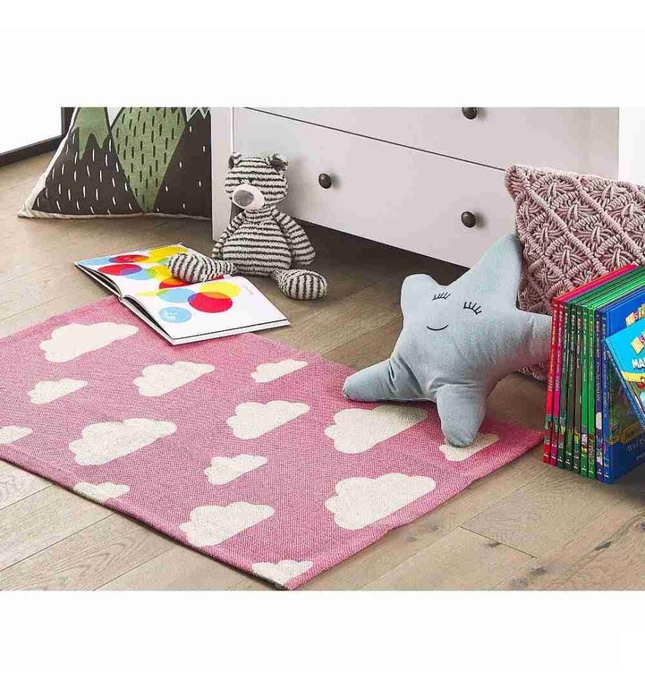Tapis Déco en Coton Pour Chambre d Enfant ou Salle de Jeux Blanc et Rose Avec Motif Mignon Ciel et Nuages