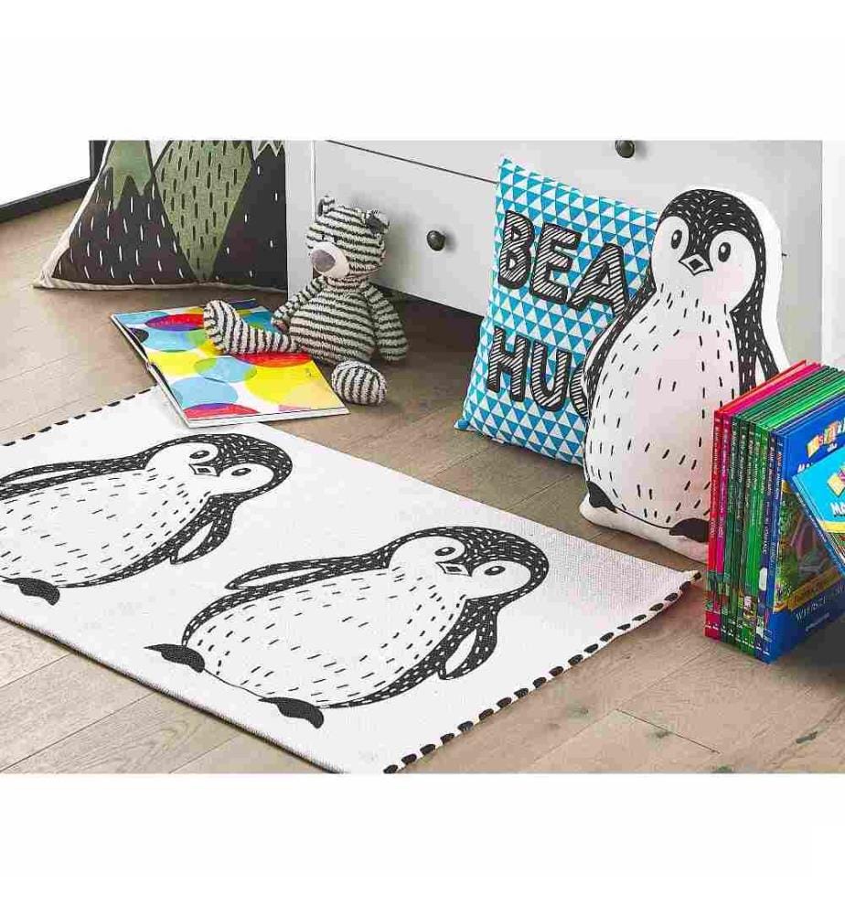 Tapis Déco en Coton Pour Chambre d Enfant ou Salle de Jeux Blanc et Noir Avec Motif Mignon Pingouin