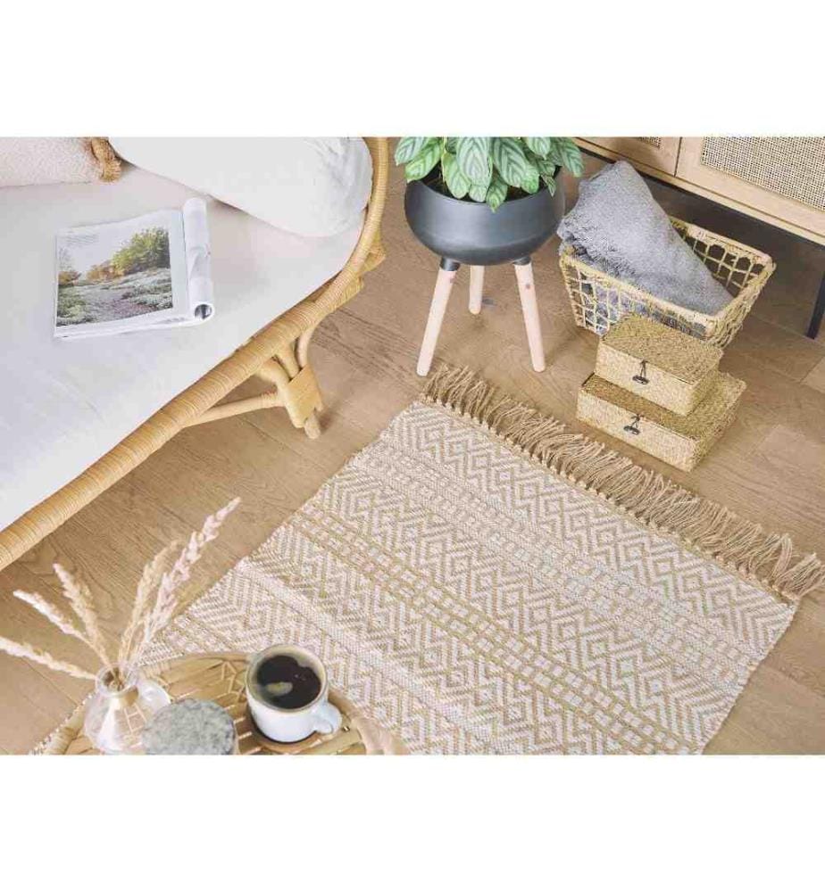 Tapis A Motifs Géométrique Beige en Jute et Coton avec Franges pour Chambre et Salon au Style Boho et Campagne Petit Format