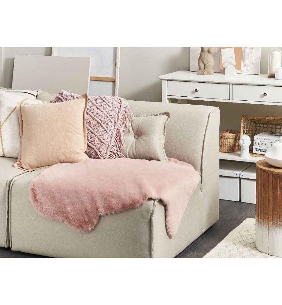 Tapis Rose en Polyester 60 x 90 cm Fausse Fourrure Imitation Peau de Lapin Accessoire Scandinave Rustique et Traditionnel