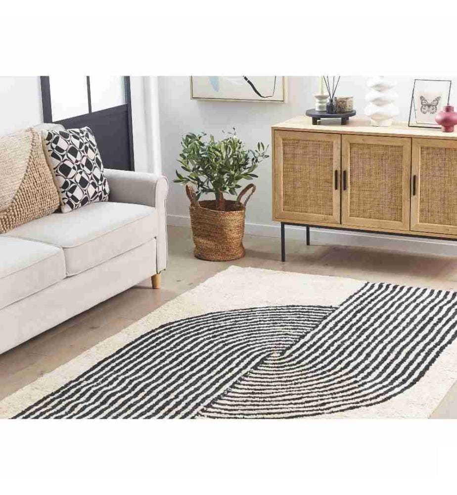 Tapis Noir et Blanc en Coton 160 x 230 cm Tendance Rétro Touffeté Rectangulaire à Motif Imprimé pour Salon Chambre