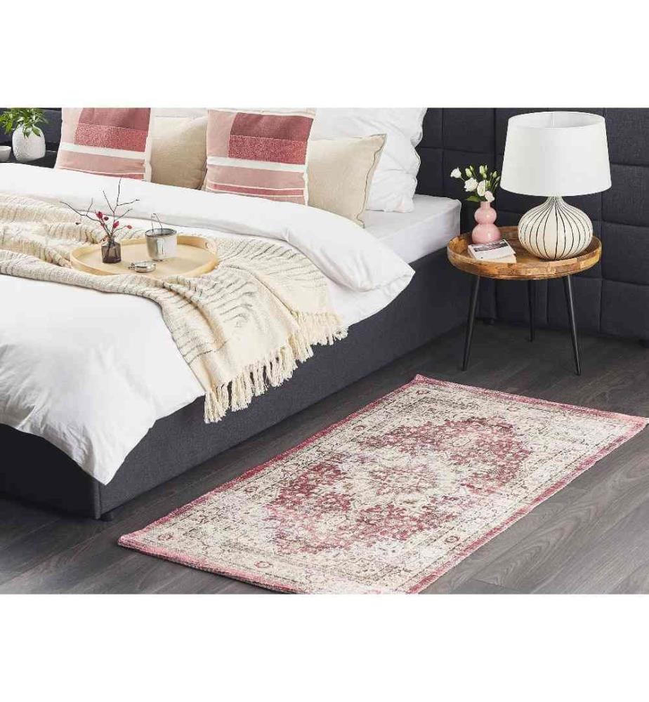 Tapis Rouge et Beige en Polyester et Coton 80 x 150 cm Style Oriental Effet Vieilli pour Salon Chambre