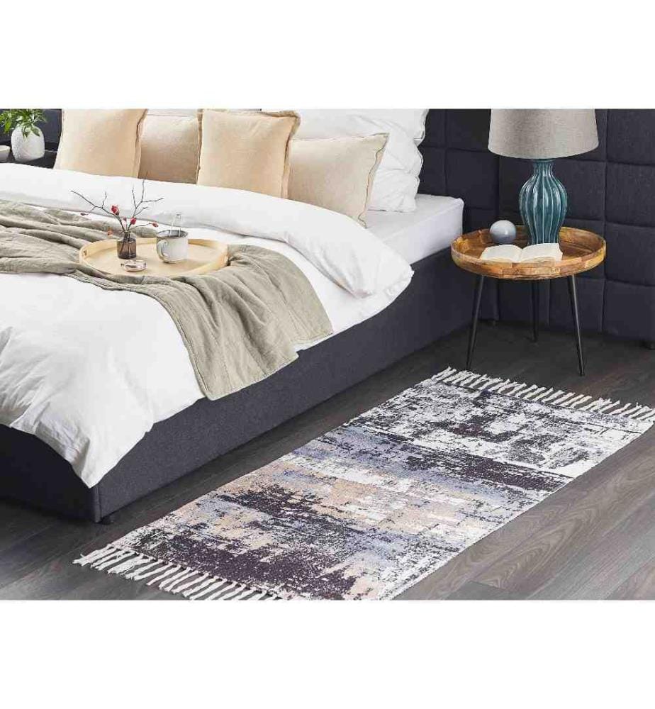 Tapis Multicolore en Polyester et Coton 80 x 150 cm Tissé à la main Imprimé Motif Abstrait Effet Vieilli avec Pompons