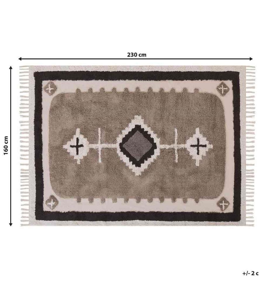 Tapis Beige en Coton 160x230cm Salon Touffeté avec Motif Abstrait pour Salon et Chambre Rectangulaire à Franges