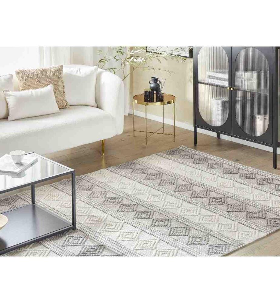Tapis Beige Clair et Gris en Laine Coton 200 x 200 cm Fait Main Carré à Formes Géométriques de Style Boho pour Chambre Salon