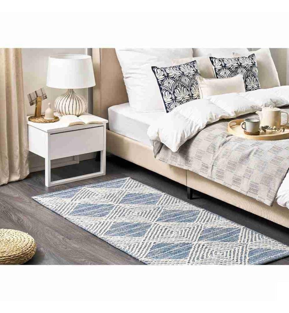 Tapis Beige Clair et Bleu en Laine Coton 80 x 150 cm Fait Main Rectangulaire à Formes Géométriques de Style Boho pour Chambre Salon