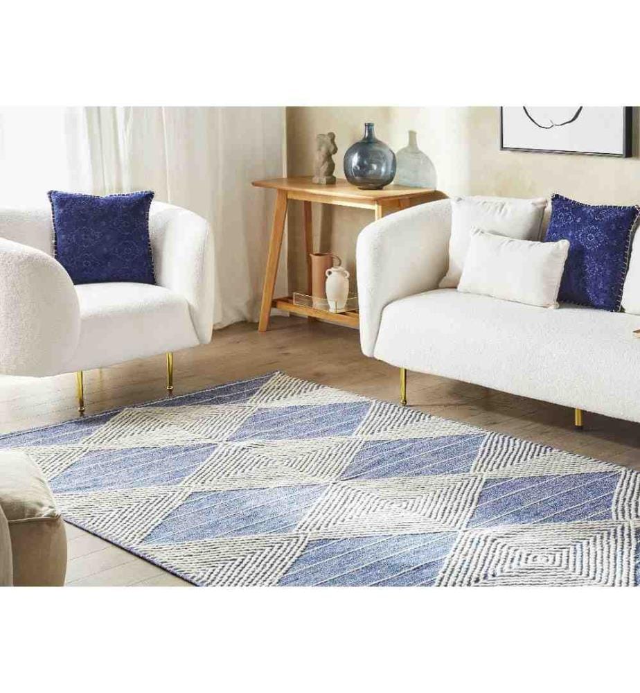 Tapis Beige Clair et Bleu en Laine Coton 160 x 230 cm Fait Main Rectangulaire à Formes Géométriques de Style Boho pour Chambre Salon