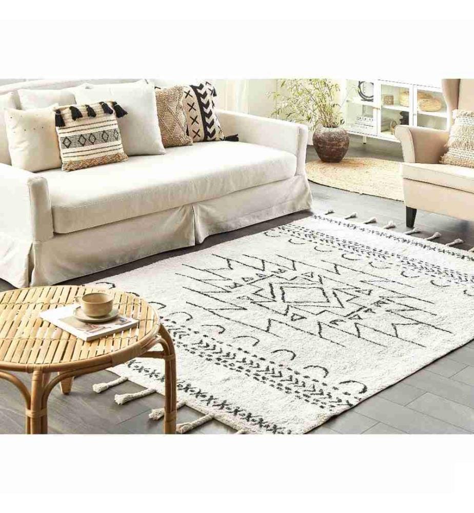 Tapis Blanc et Noir en Coton 160 x 230 cm à Motif Géométrique avec Franges Design Moderne Décoration pour Chambre et Salon