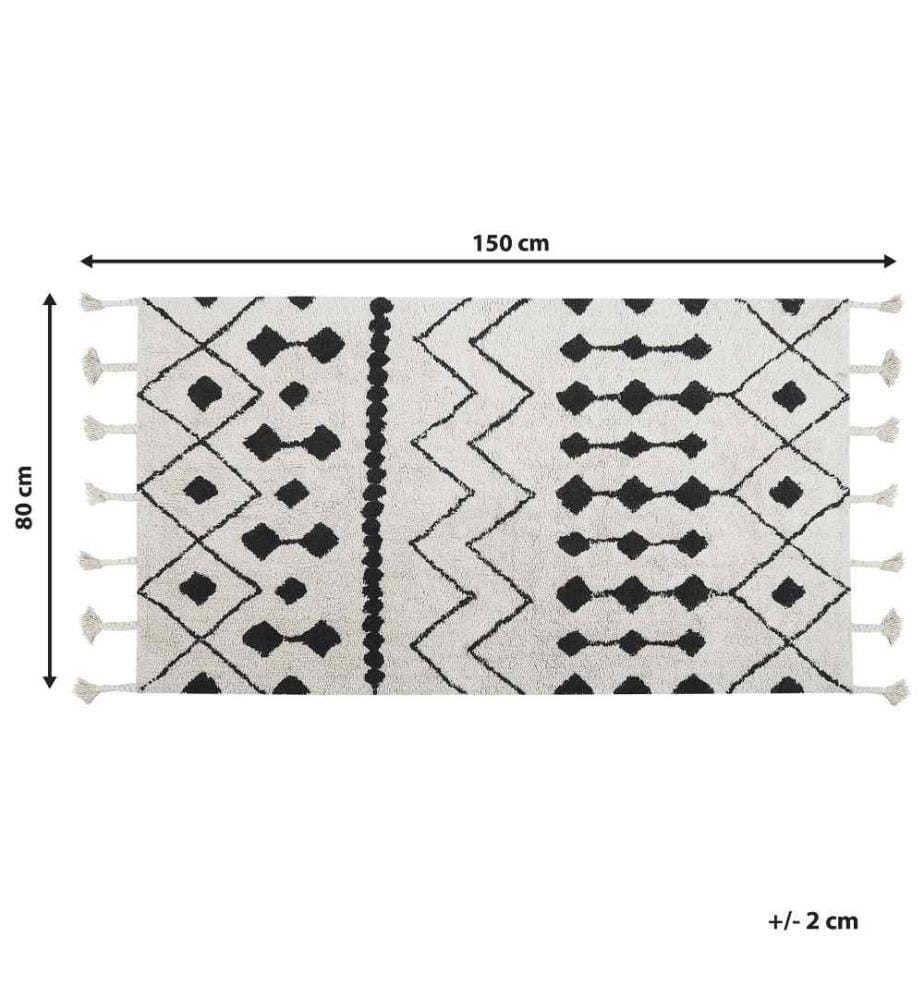 Tapis Blanc et Noir en Coton 80 x 150 cm à Motif Géométrique avec Franges Design Moderne Décoration pour Chambre et Salon
