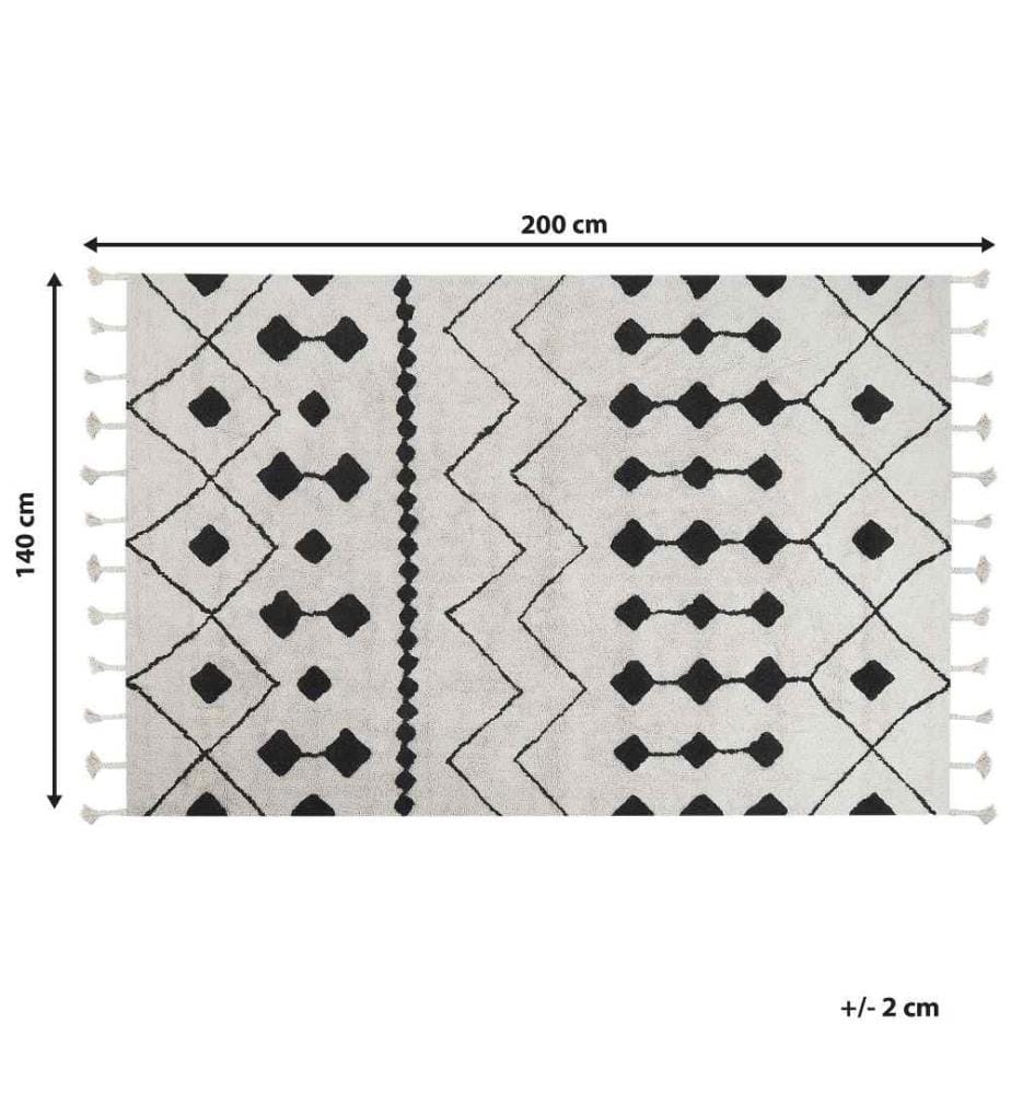 Tapis Blanc et Noir en Coton 140 x 200 cm à Motif Géométrique avec Franges Design Moderne Décoration pour Chambre et Salon