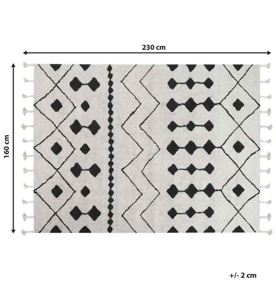 Tapis Blanc et Noir en Coton 160 x 230 cm à Motif Géométrique avec Franges Design Moderne Décoration pour Chambre et Salon