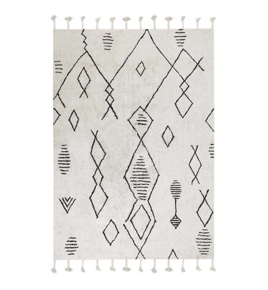 Tapis Blanc et Noir en Coton 140 x 200 cm à Motif Géométrique avec Franges Design Moderne Décoration pour Chambre et Salon