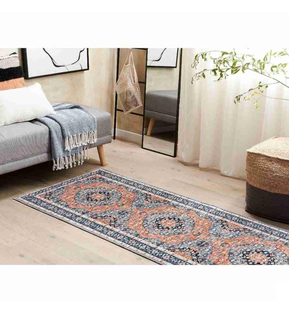 Tapis Bleu et Orange en Polyester 80 x 200 cm Rectangulaire Dessous Anti-Dérapant Convient au Chauffage par le Sol Style Rétro