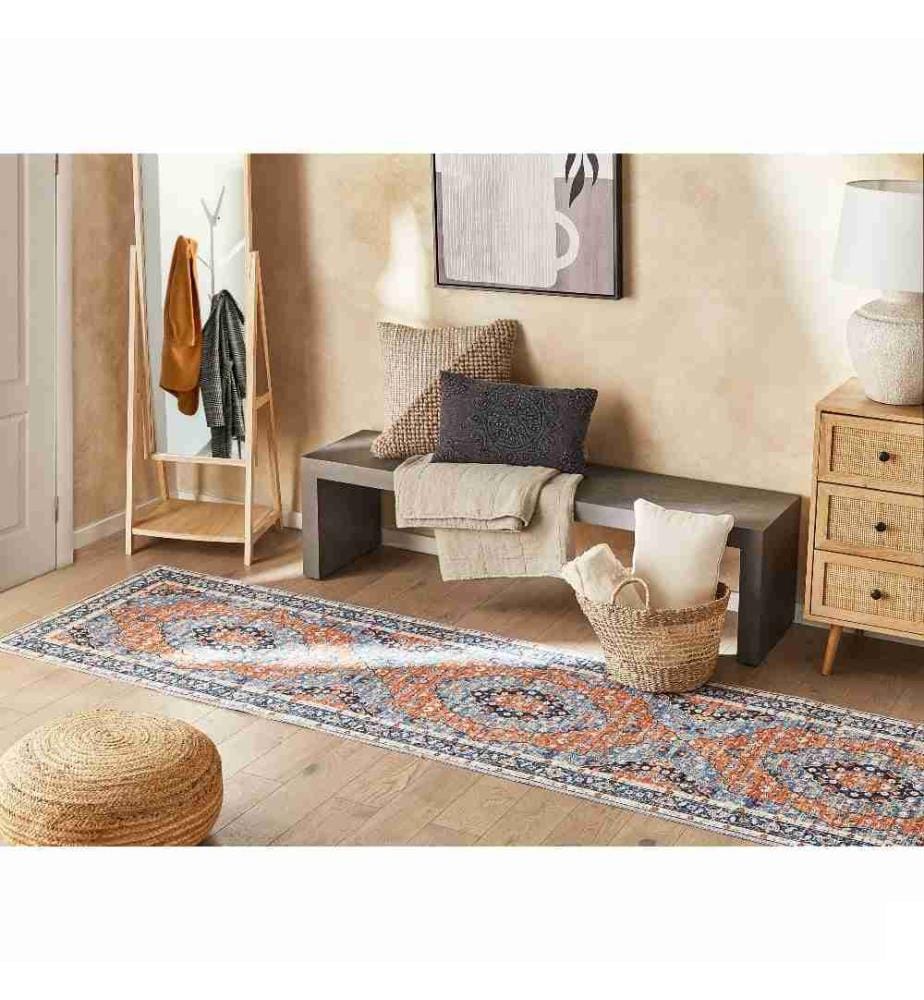 Tapis Bleu et Orange en Polyester 80 x 300 cm Rectangulaire Dessous Anti-Dérapant Convient au Chauffage par le Sol Style Rétro