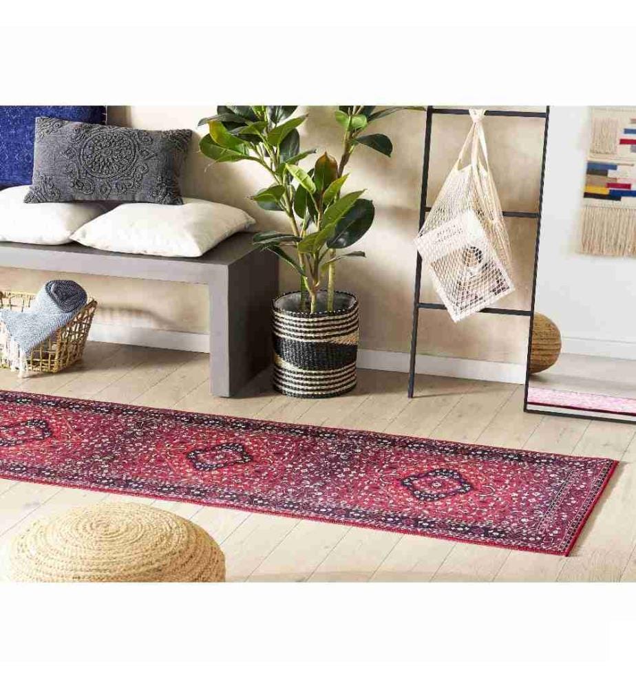 Tapis de Couloir en Polyester Rouge Motif Oriental 60 x 200 cm Tapis Entrée Long avec Envers Antidérapant