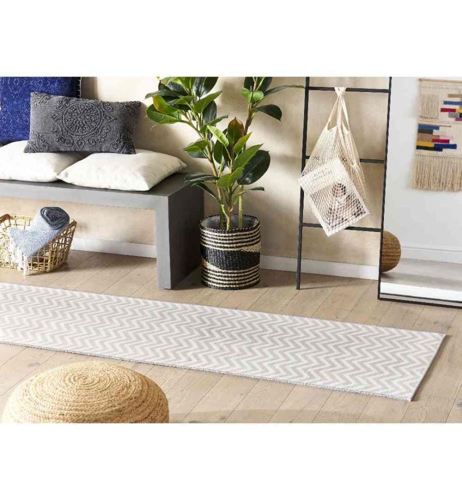 Tapis Blanc et Gris en Polyester 60 x 200 cm Classique Long Rectangulaire pour Couloir Salon ou Chambre à Poils Courts
