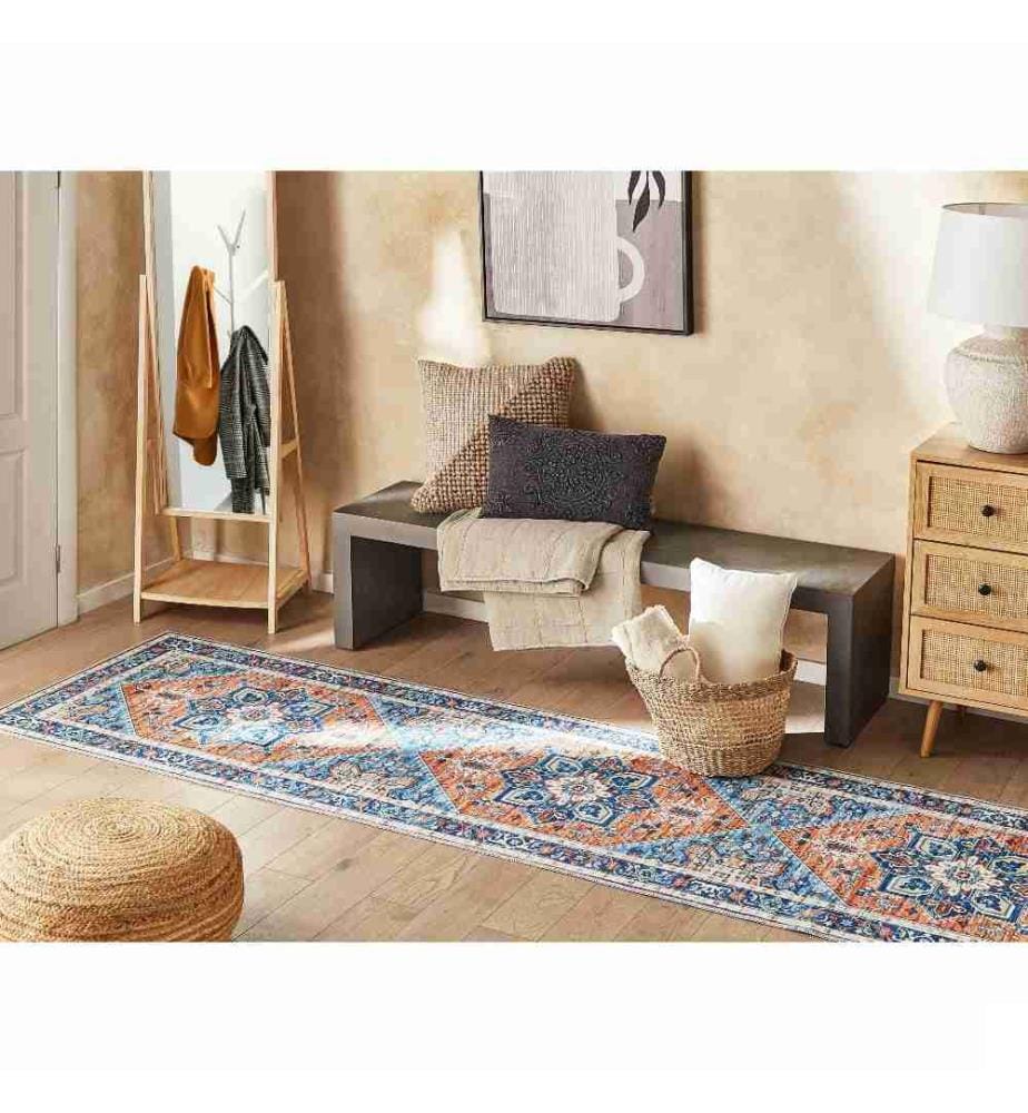 Tapis Bleu et Orange en Polyester 80 x 240 cm Rectangulaire Dessous Anti-Dérapant Convient au Chauffage par le Sol Style Moderne
