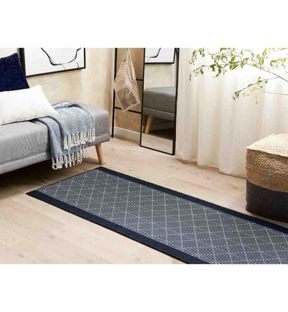 Tapis Bleu Marine Polyester 80 x 200 cm Antidérapant Motif Géométrique Passage pour Salon Chambre Couloir Traditionnel