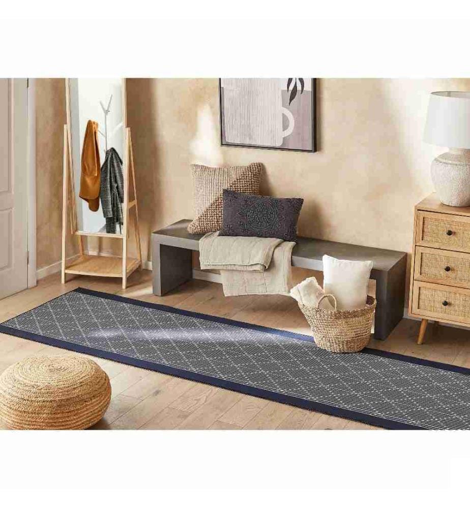 Tapis Bleu Marine en Polyester 80 x 240 cm Antidérapant Motif Géométrique Passage pour Salon Chambre Couloir Traditionnel