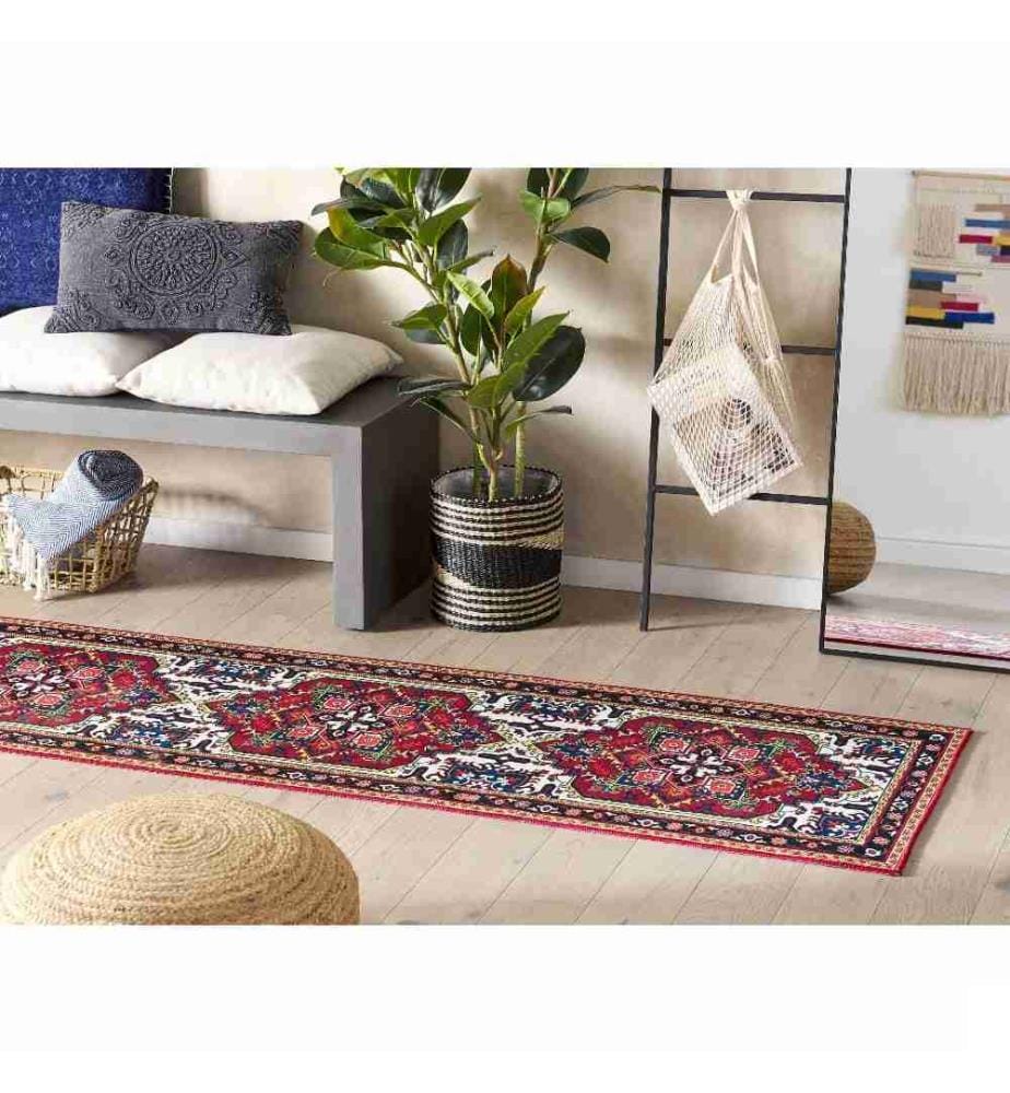 Tapis Rouge Polyester 60 x 200 cm Antidérapant Motif Oriental Vintage Passage pour Salon Chambre Couloir Traditionnel