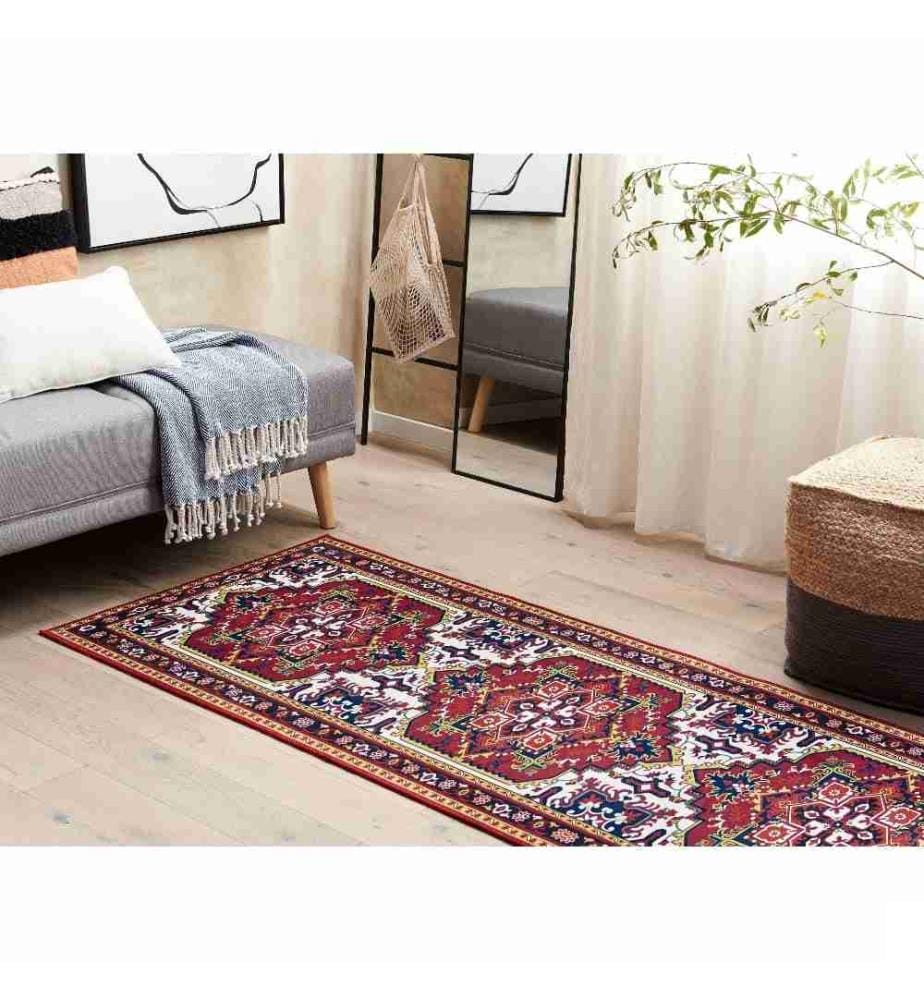 Tapis Rouge Polyester 80 x 200 cm Antidérapant Motif Oriental Vintage Passage pour Salon Chambre Couloir Traditionnel