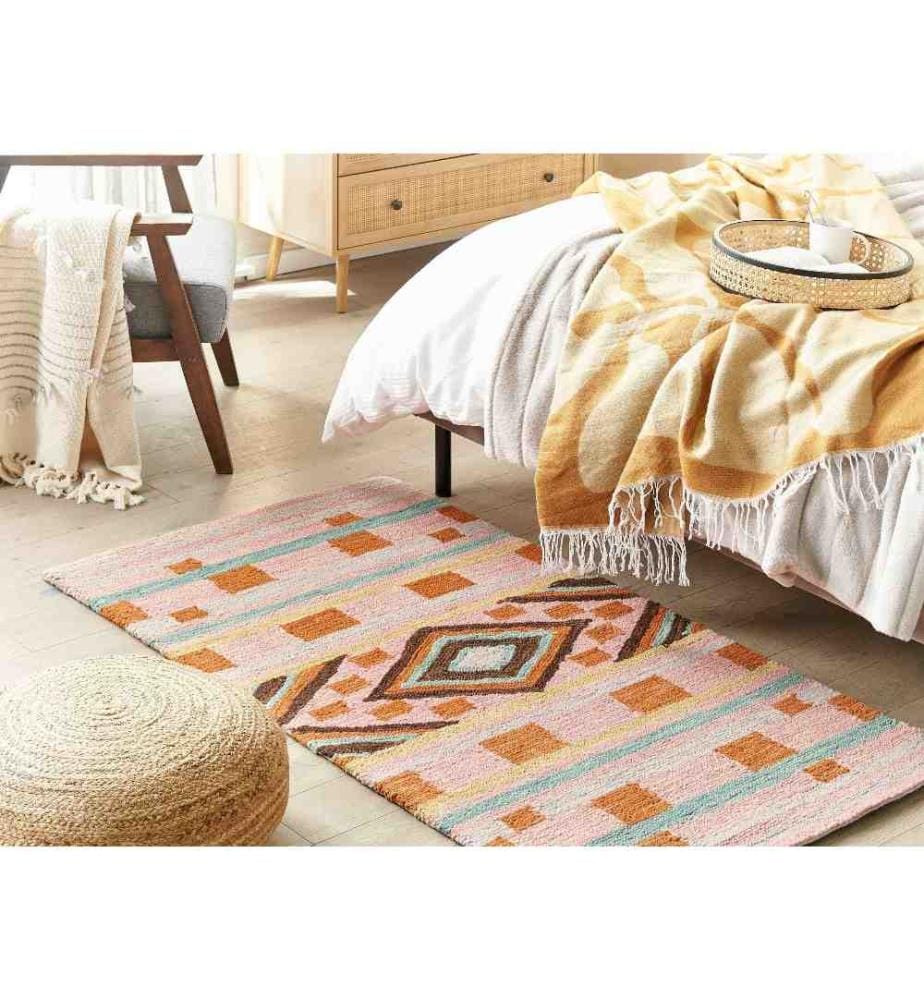 Tapis Multicolore en Laine 80 x 150 cm Fabriqué à la Main pour Chambre ou Couloir à Motif Géométrique Style Boho