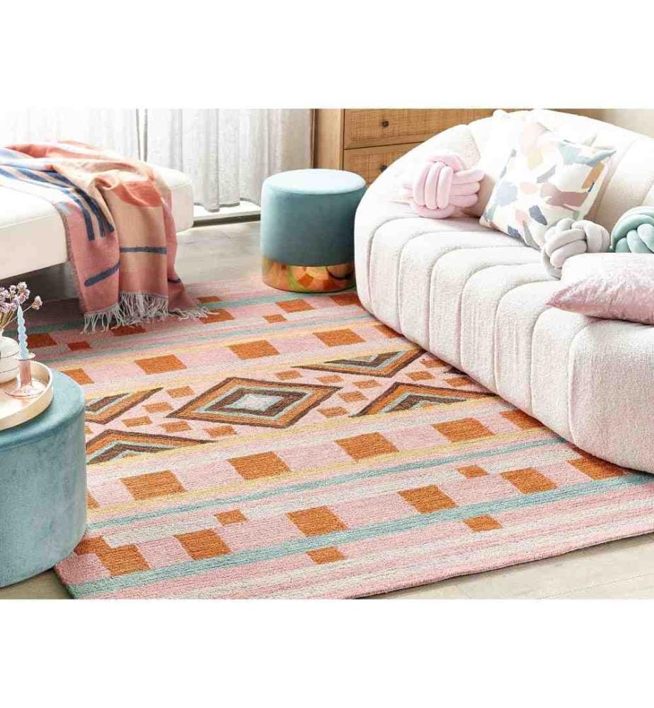Tapis Multicolore en Laine 160 x 230 cm Fabriqué à la Main pour Chambre ou Couloir à Motif Géométrique Style Boho