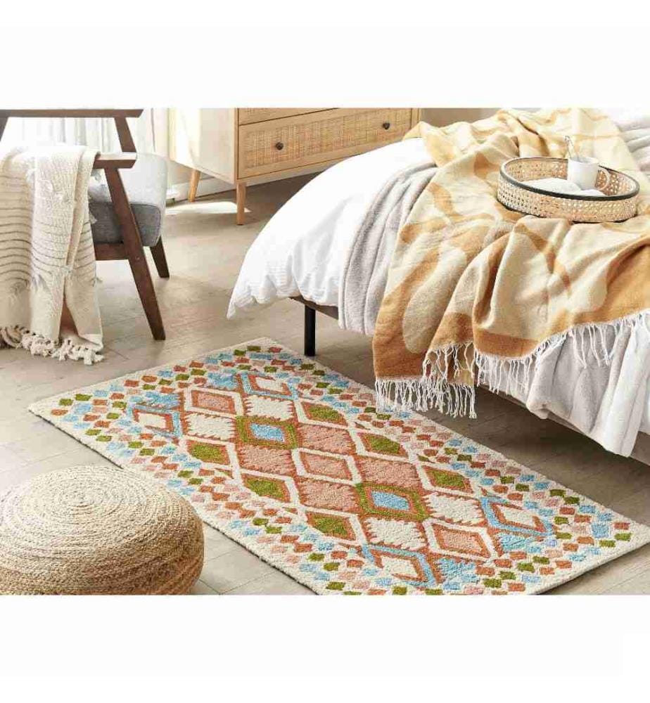 Tapis Multicolore en Laine 80 x 150 cm Fabriqué à la Main pour Chambre ou Couloir à Motif Géométrique Style Boho
