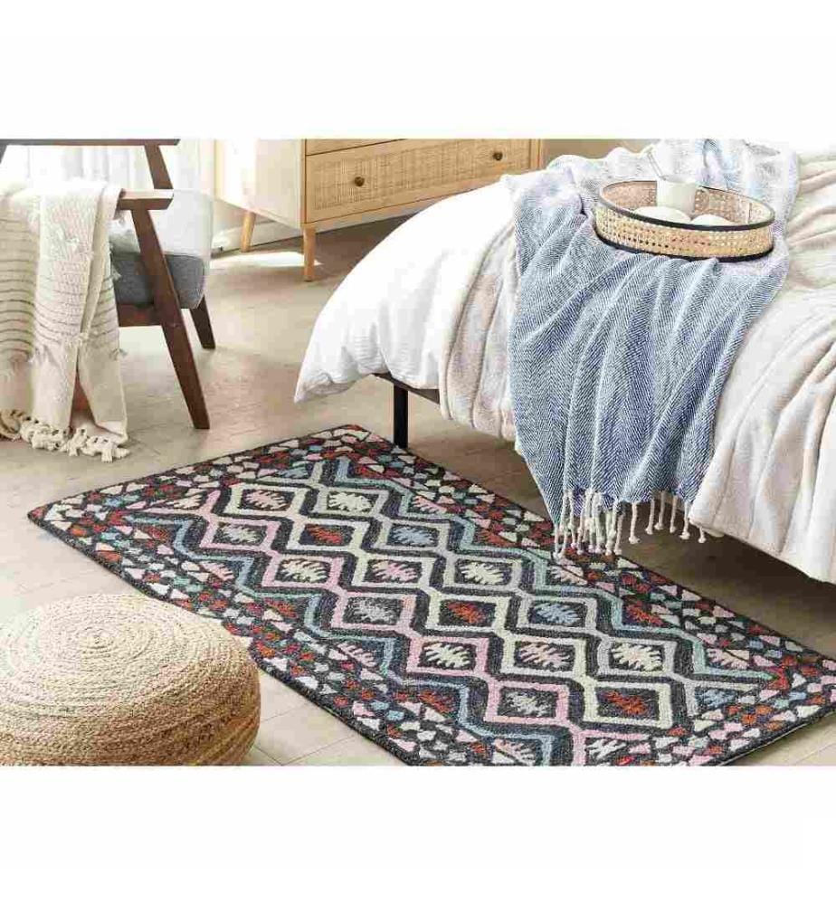 Tapis Multicolore en Laine 80 x 150 cm Poils Ras Touffeté à la Main Motif Géométrique Design Tribal