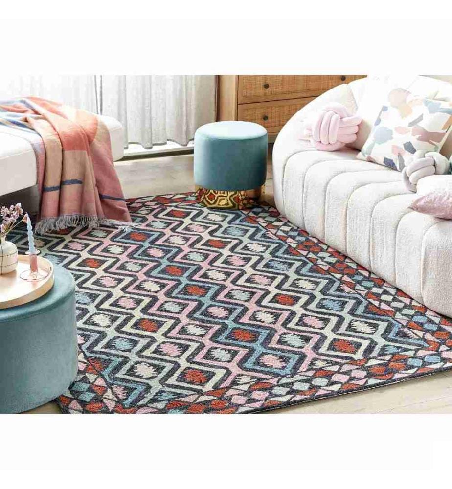Tapis Multicolore en Laine 200 x 200 cm Poils Ras Touffeté à la Main Motif Géométrique Design Tribal