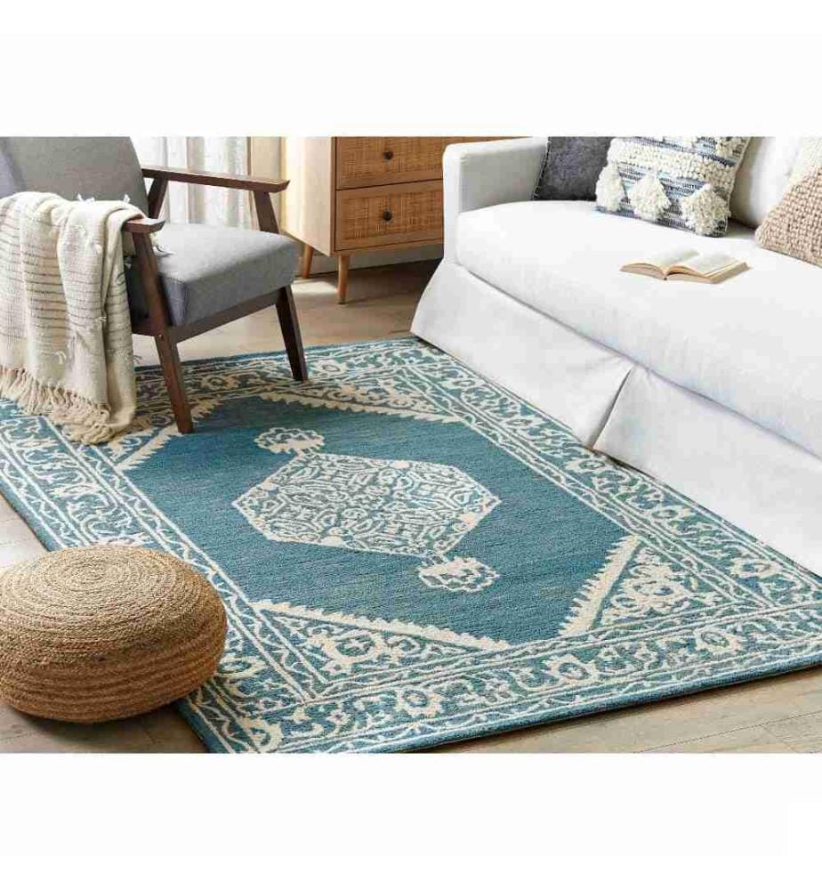 Tapis Blanc et Bleu en Laine 160 x 230 cm Tufté à Poils Ras Tufté à la Main Motif Design Oriental