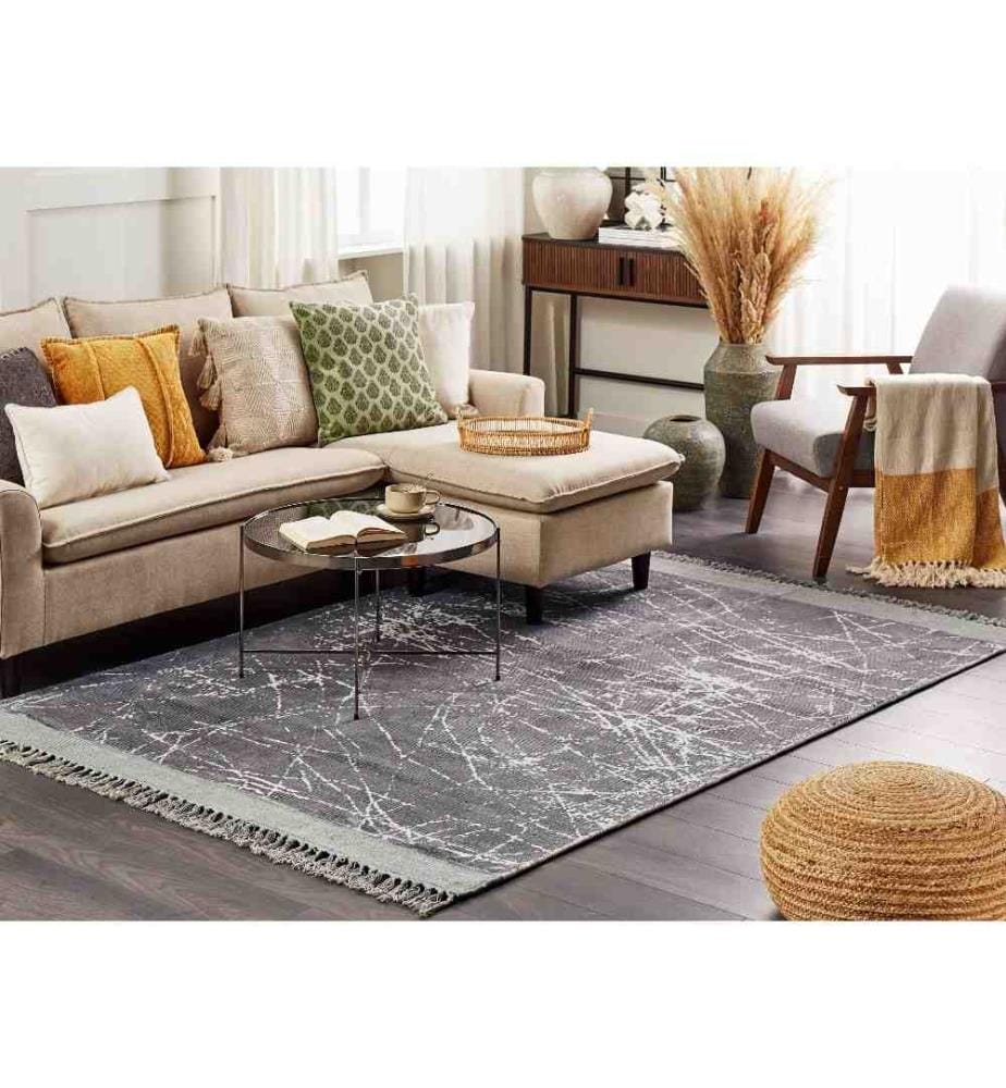Tapis Gris en Viscose et Coton 140 x 200 cm à Franges et Poils Courts Style Moderne Glam Fabriqué à la Main
