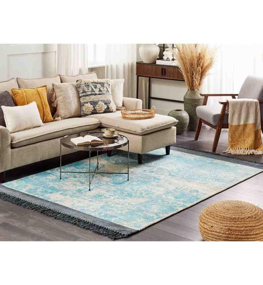 Tapis Bleu et Beige en Viscose et Coton 160 x 230 cm à Motif et Franges Noires Effet Vieilli de Style Vintage Rectangulaire pour Salon Chambre
