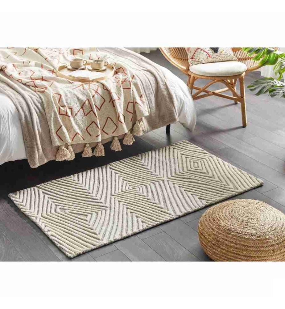 Tapis Blanc et Gris en Laine 80 x 150 cm à Motif Visuel en 3D Rectangulaire Moderne pour Chambre Salon Design et Couleur Tendance