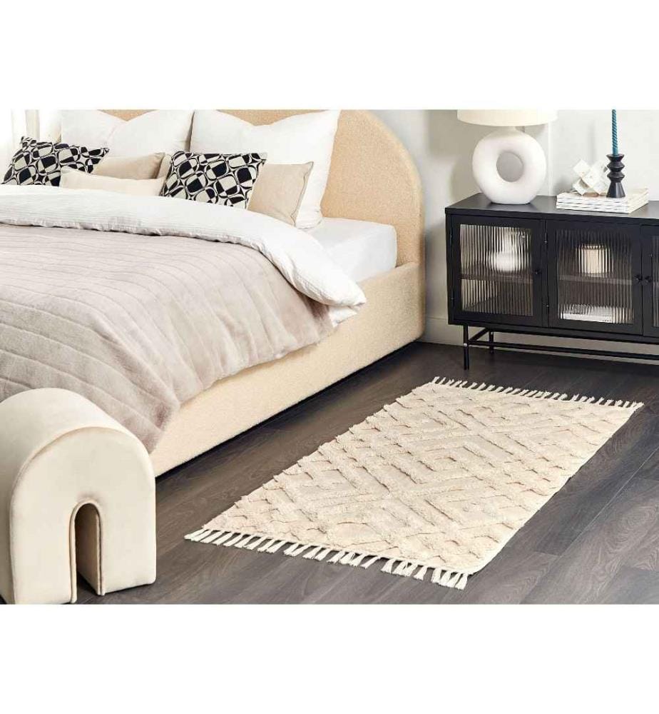 Tapis Shaggy Beige en Coton 80 x 150 cm Design Géométrique et Pompons Franges Salon Chambre à Coucher Bohème