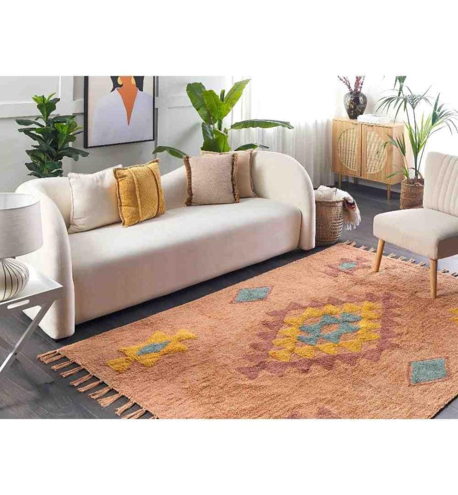 Tapis Orange en Coton 140 x 200 cm à Motif Géométrique avec Pompons Style Boho Oriental Rectangulaire Poil Ras