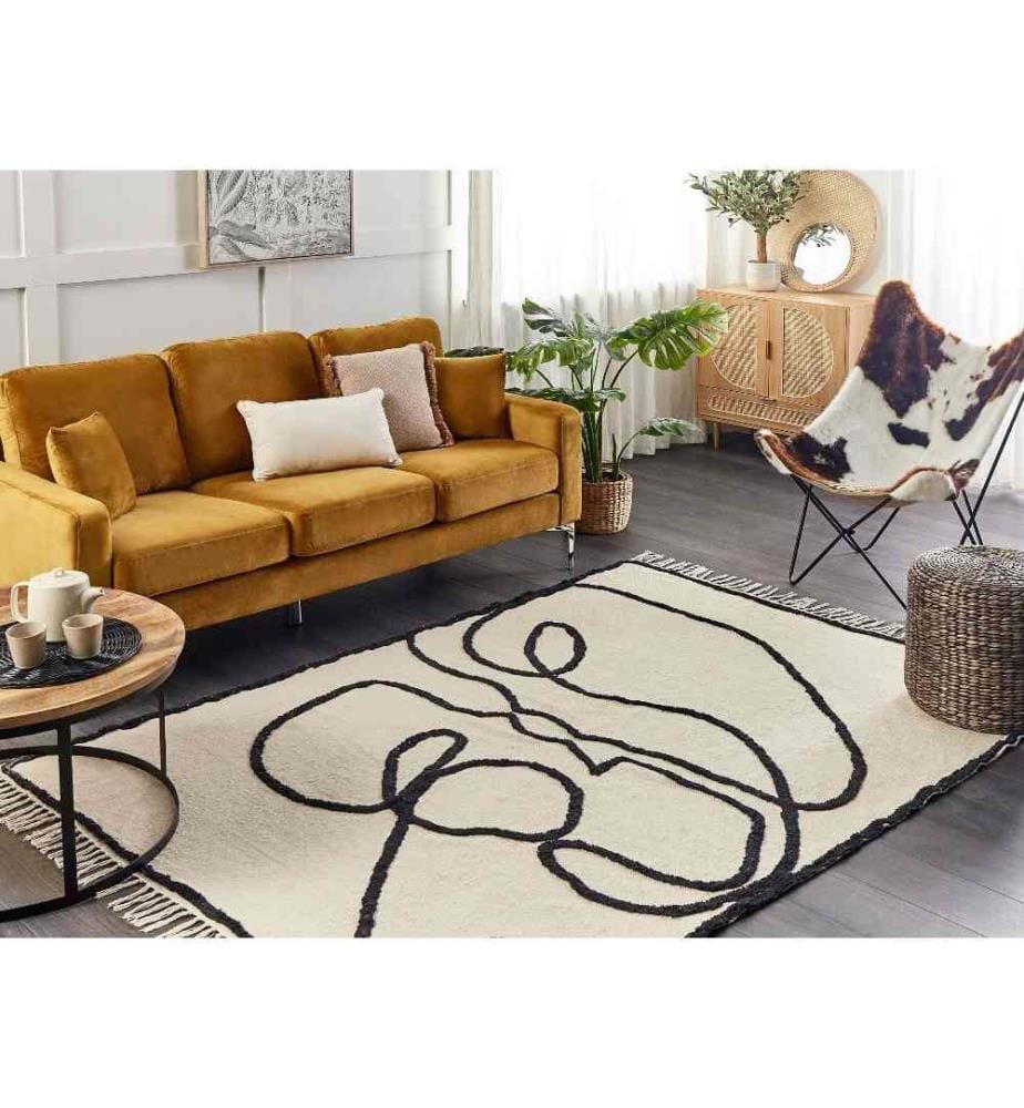 Tapis Beige et Noir en Coton 160 x 230 cm à Motif Abstrait et Franges Convient au Chauffage par le Sol Tissu Doux