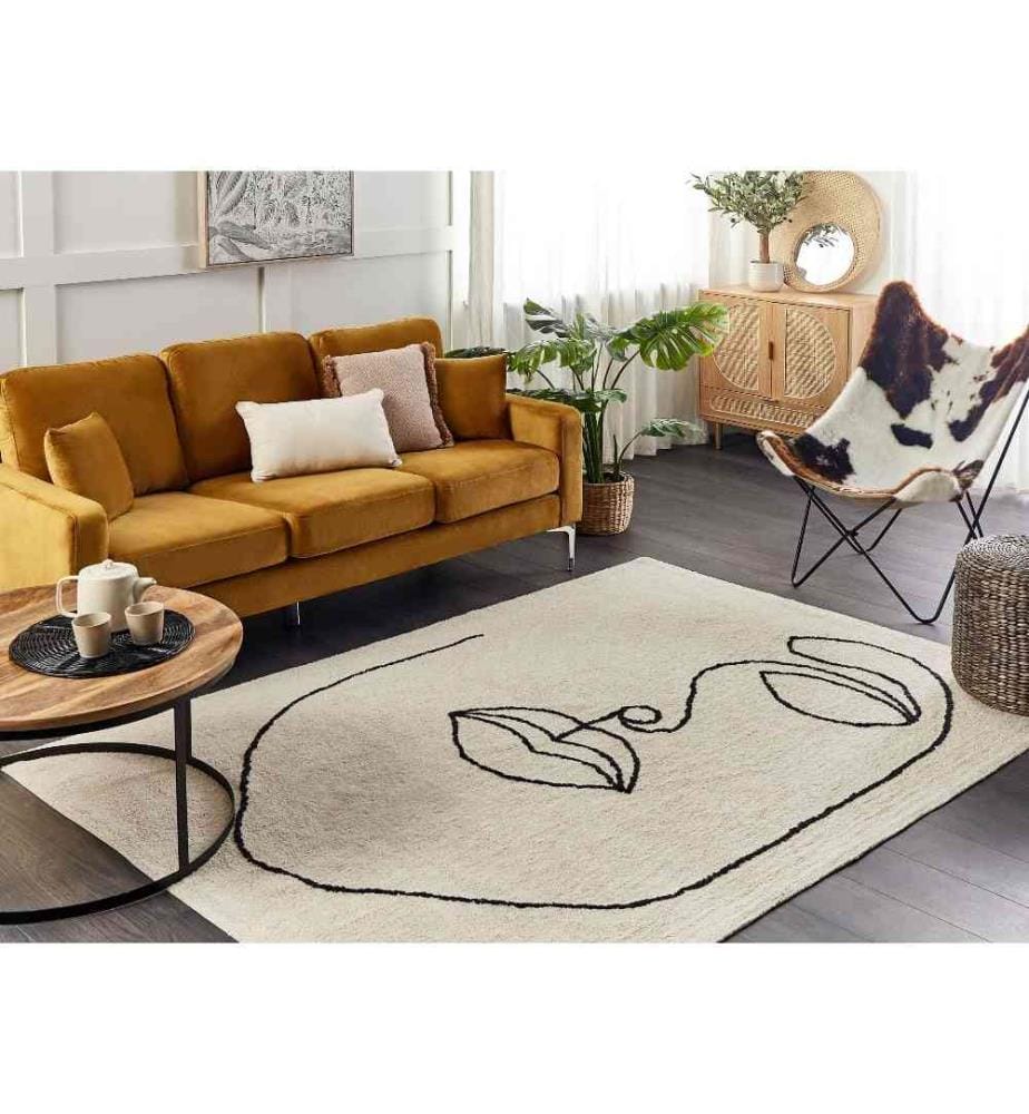 Tapis Beige en Coton 140 x 230 cm à Motif de Visage Touffeté à la Main Tissu Très Doux Design Moderne Accrocheur