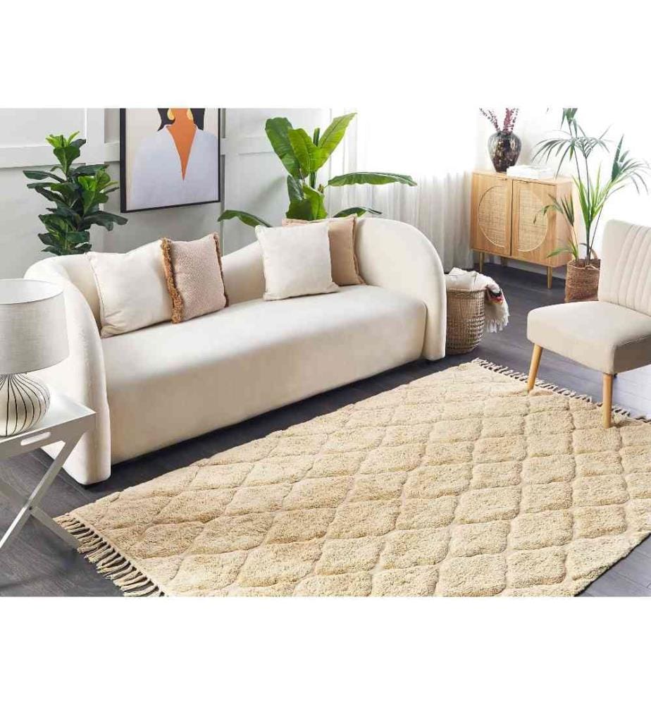 Tapis Beige Sable en Coton 160 x 230 cm à Motif Texturé Touffeté à la Main Convient au Chauffage par le Sol Tissu Doux à Franges