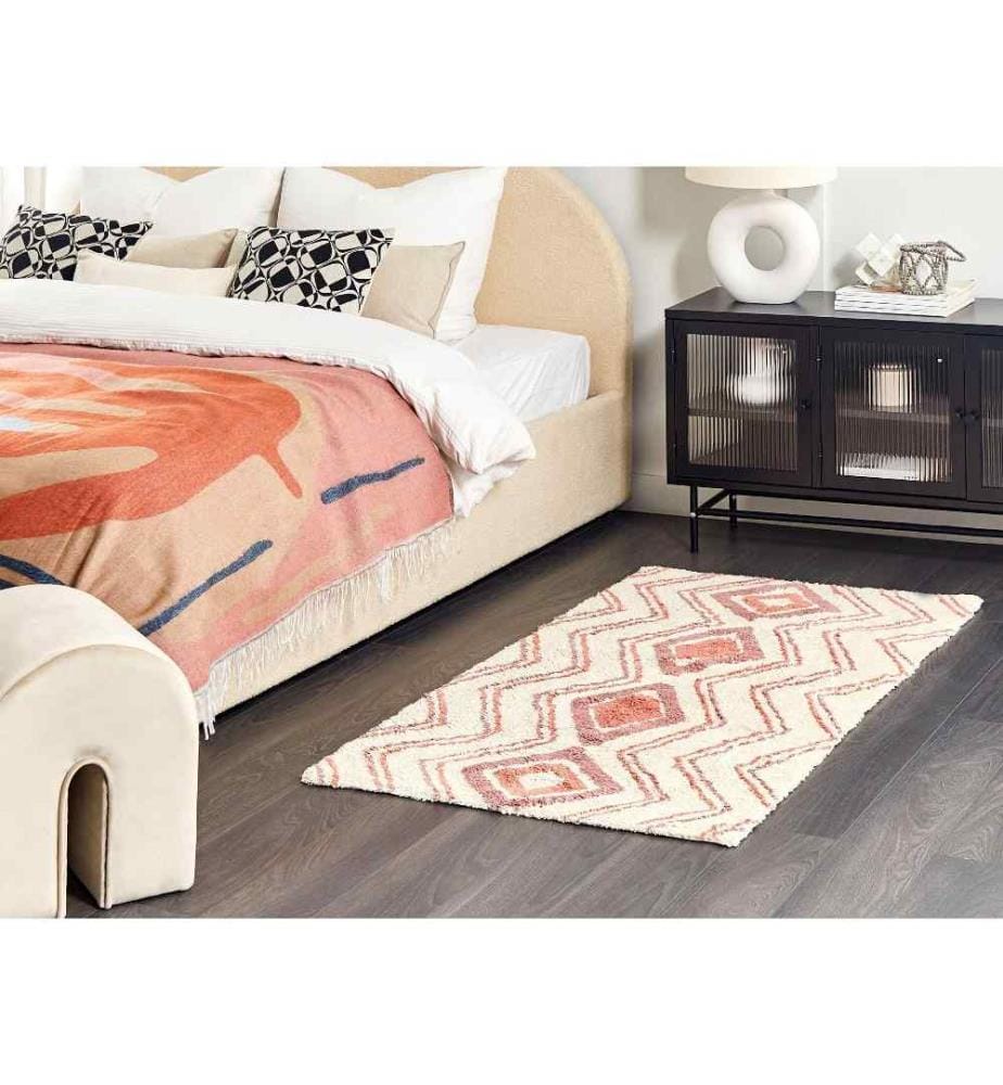 Tapis Beige et Rose en Coton 80 x 150 cm à Motif Texturé Touffeté à la Main Convient au Chauffage par le Sol Tissu Doux